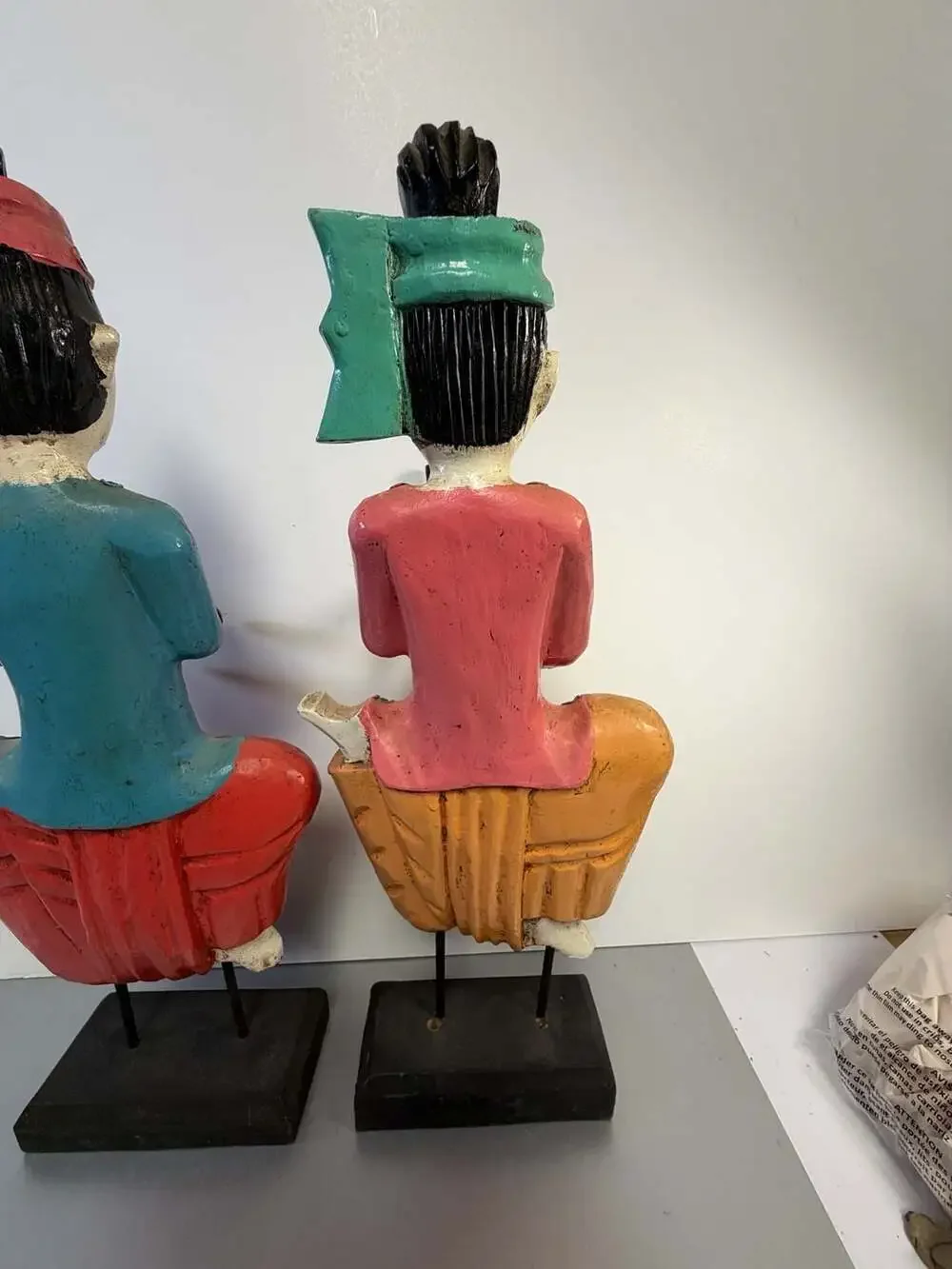 Set of Two Vintage Carved Wood Thai Musicians Sculptures on Stand